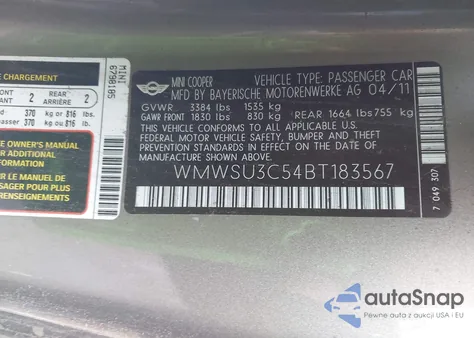 2011 Mini John Cooper Works из США, поврежденный, VIN WMWSV9C57BTZ96840